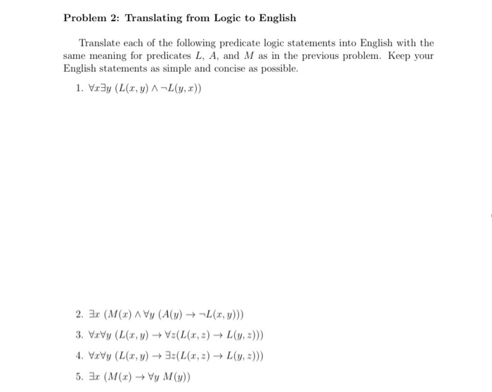 Problem 2: Translating from Logic to English | Chegg.com