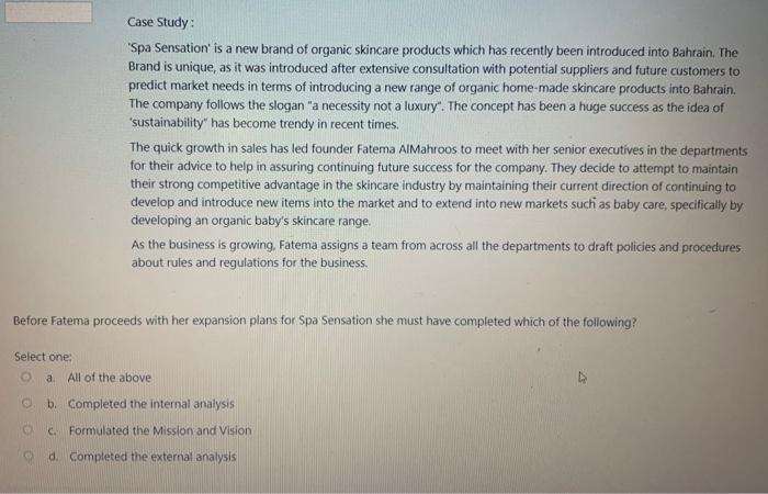 Solved Case Study "Spa Sensation' is a new brand of organic | Chegg.com