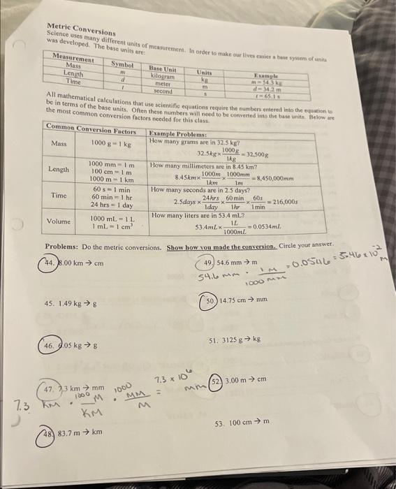 Solved Metric Conversions Science uses many different units | Chegg.com