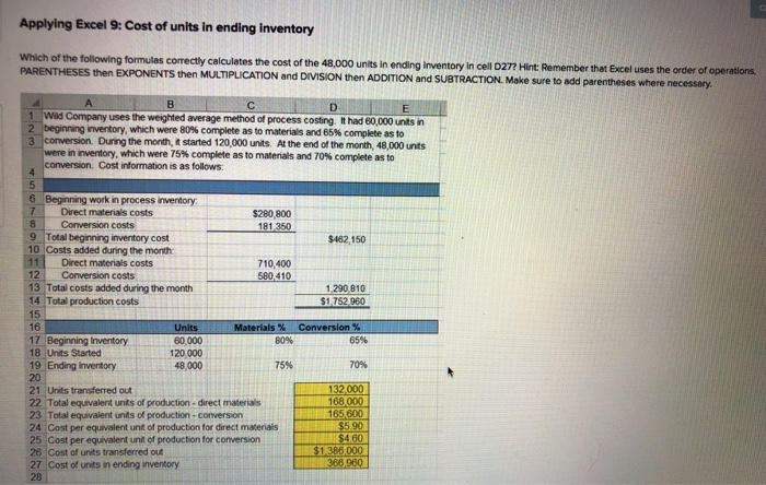 Solved Applying Excel 9: Cost of units in ending inventory | Chegg.com