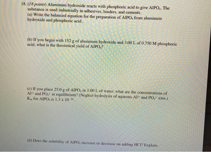 Solved 18. (18 points) Aluminum hydroxide reacts with