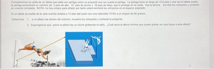 Consideremos la calda de un atleta que salta con pertiga como un proyectil una vez suelta la pertiga. La pertiga bene un larg