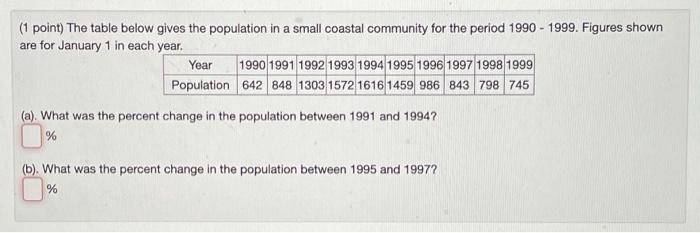 Solved (1 point) The table below gives the population in a | Chegg.com