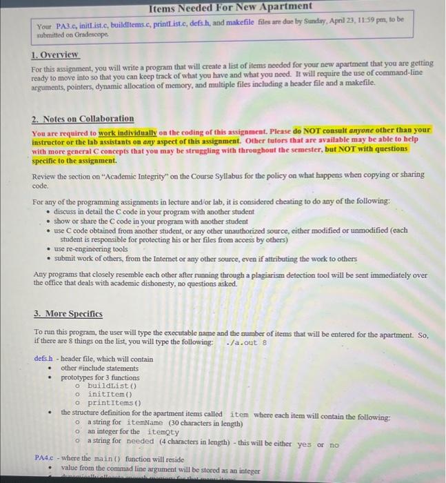 Your PA3,c, init ist.c, builditems.c, printt ist.c, | Chegg.com