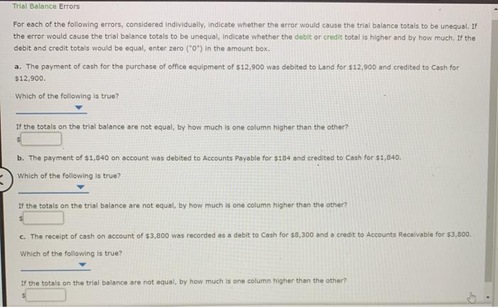 Solved Trial Balance Errors For each of the following | Chegg.com