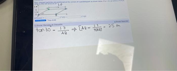 \( \tan 30=\frac{1.3}{A B} \Rightarrow\left[A B=\frac{1.3}{\tan 30}=2.5 \mathrm{~m}\right. \)