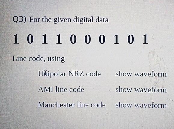 Solved Q3) For the given digital data 1 0 1 1 0 0 0 1 0 1 | Chegg.com