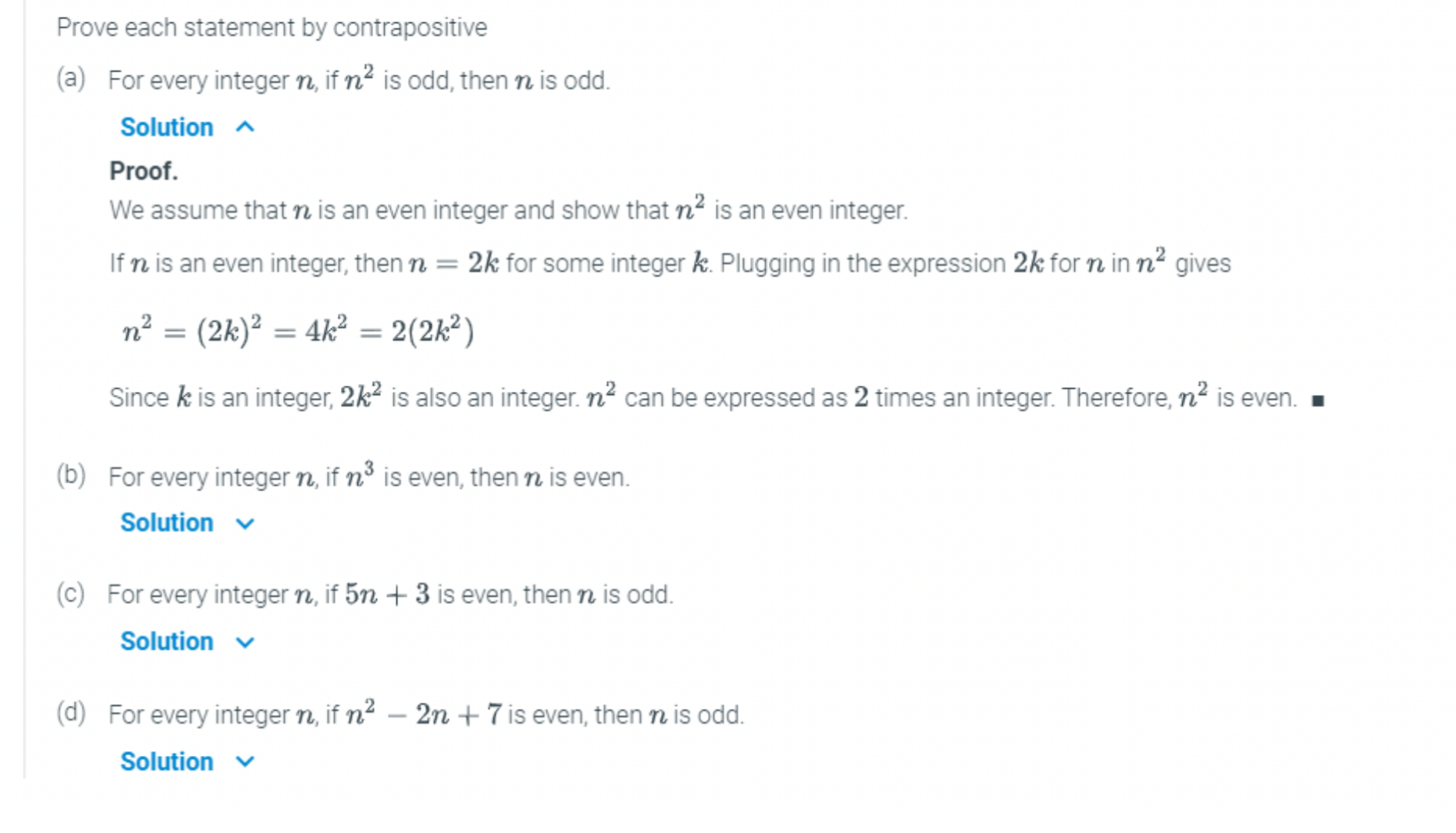 Solved (a) For every integer n, if n2 is odd, then n is odd. | Chegg.com