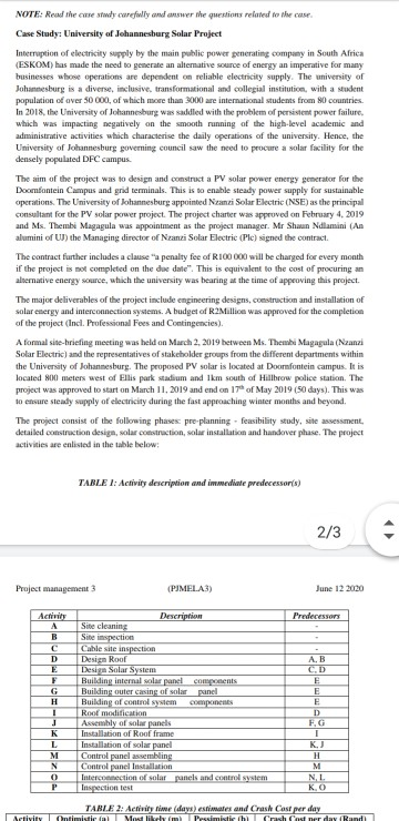Solved NOTE: Read the case study carefully and answer the | Chegg.com