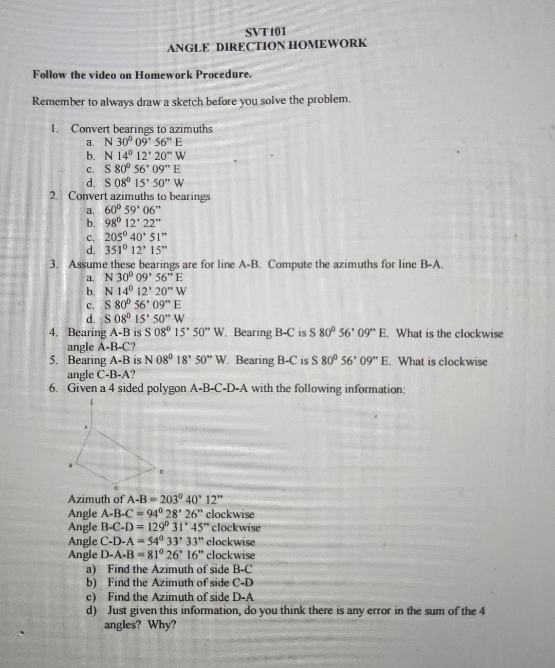 Solved SVT101ANGLE DIRECTION HOMEWORKFollow the video on | Chegg.com