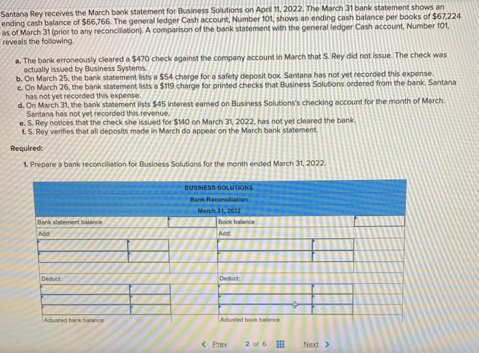 Solved Santana Rey Receives The March Bank Statement For | Chegg.com