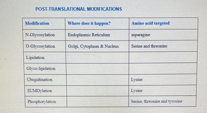 Solved POST-TRANSLATIONAL MODIFICATIONS | Chegg.com