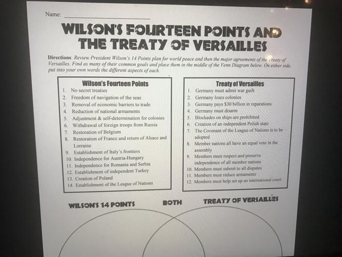 Solved Name WILSON'S FOURTEEN POINTS AND THE TREATY OF