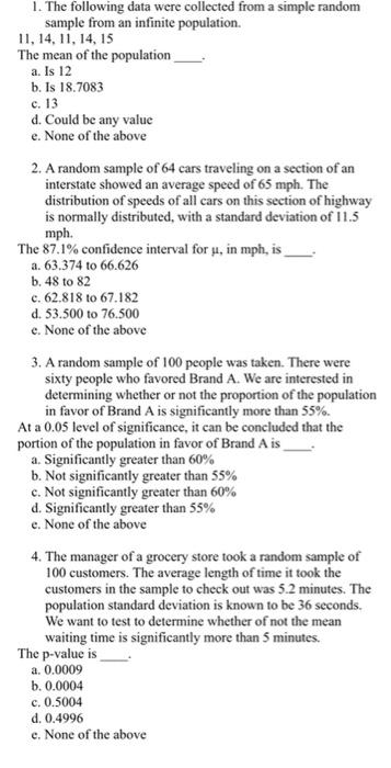 Solved 1. The following data were collected from a simple | Chegg.com