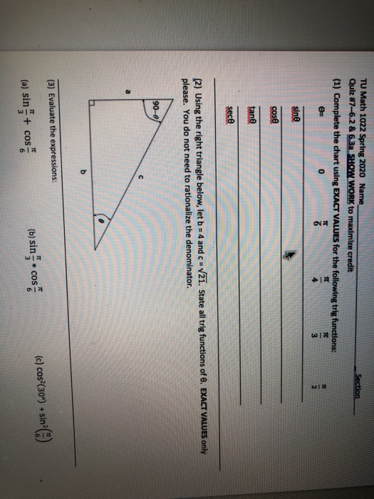 Tu Math Solved Section TU Math 1022 Spring 2020 Name Qulz #7-6.2 & | Chegg.com