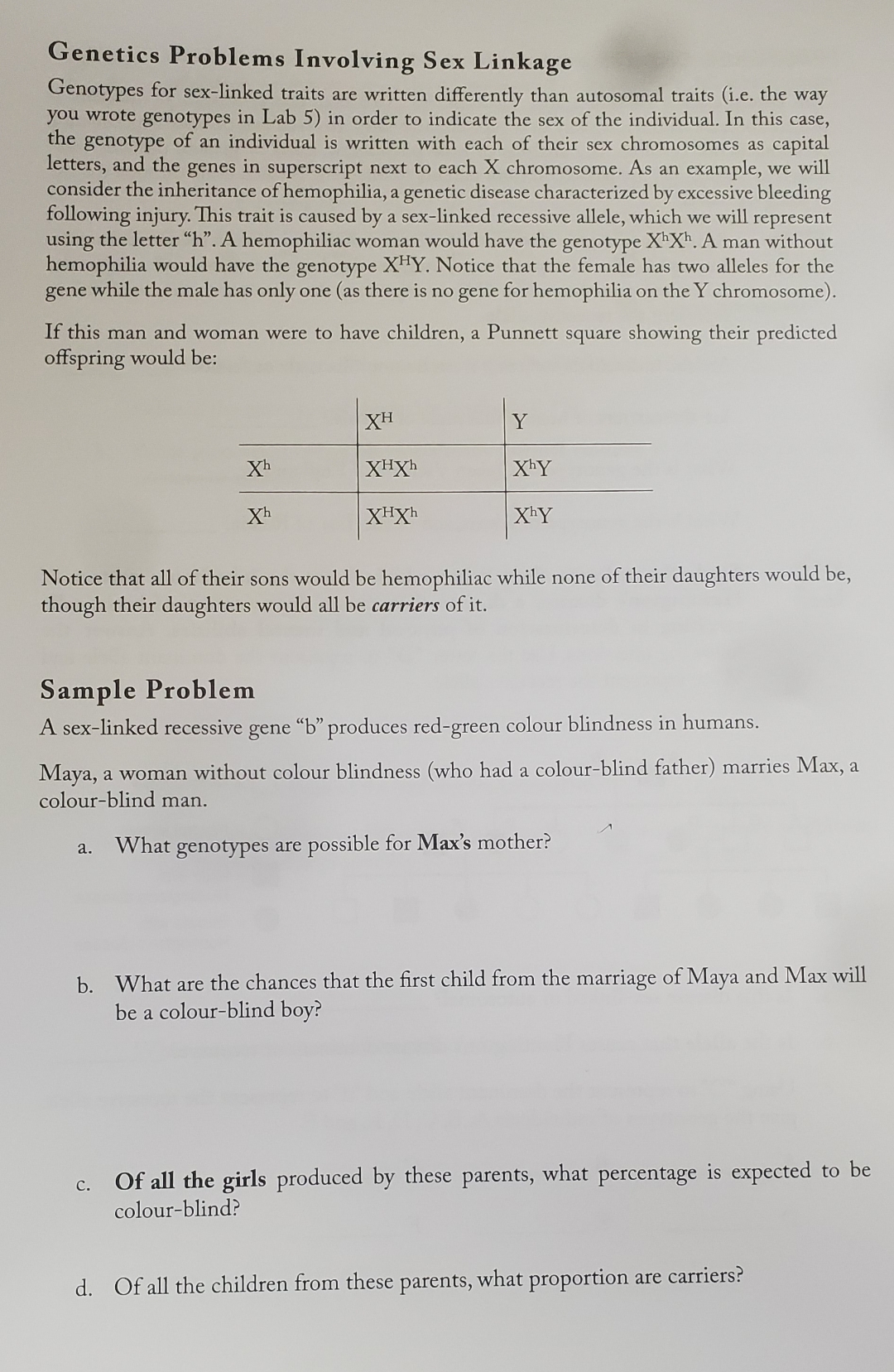 Solved Genetics Problems Involving Sex LinkageGenotypes for | Chegg.com