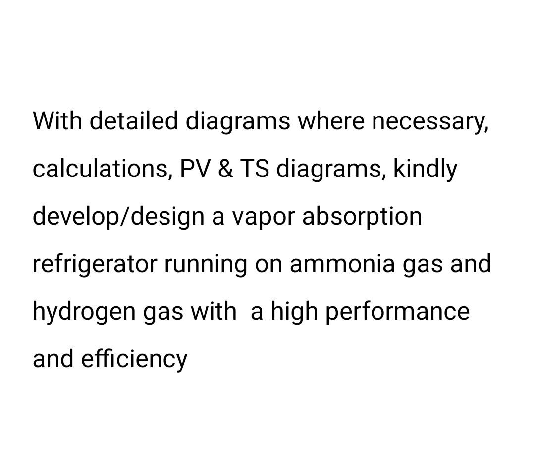 With detailed diagrams where necessary, calculations, PV \& TS diagrams, kindly develop/design a vapor absorption refrigerato