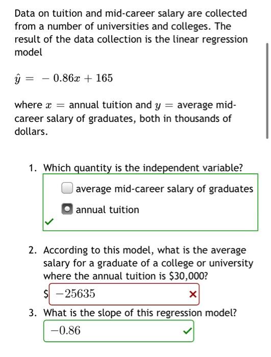 Solved Data on tuition and mid-career salary are collected | Chegg.com