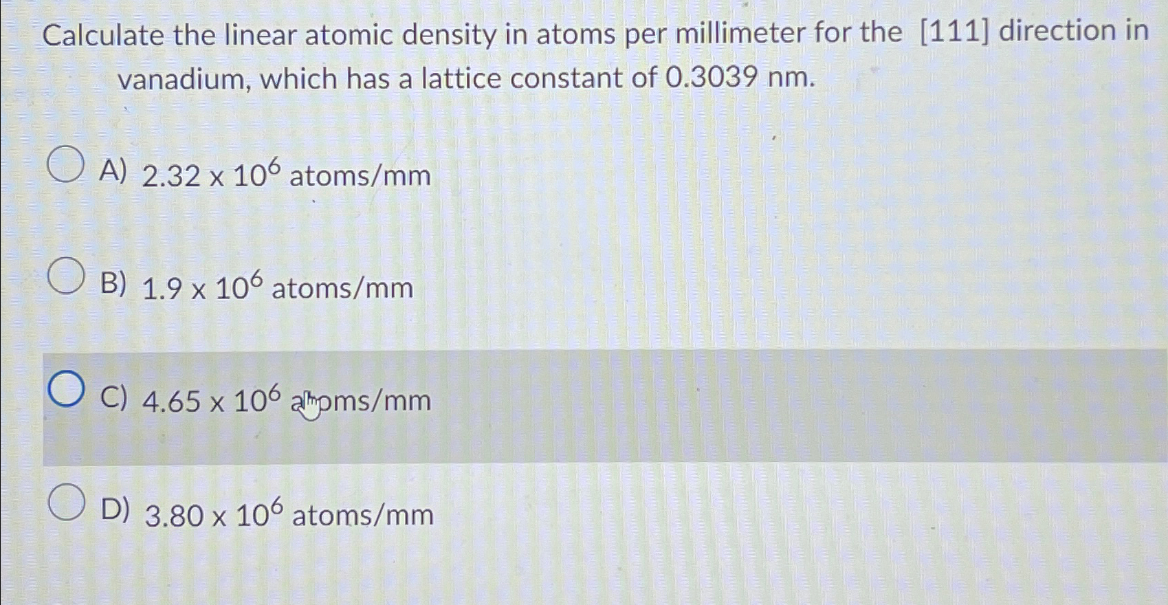 Solved Calculate the linear atomic density in atoms per | Chegg.com