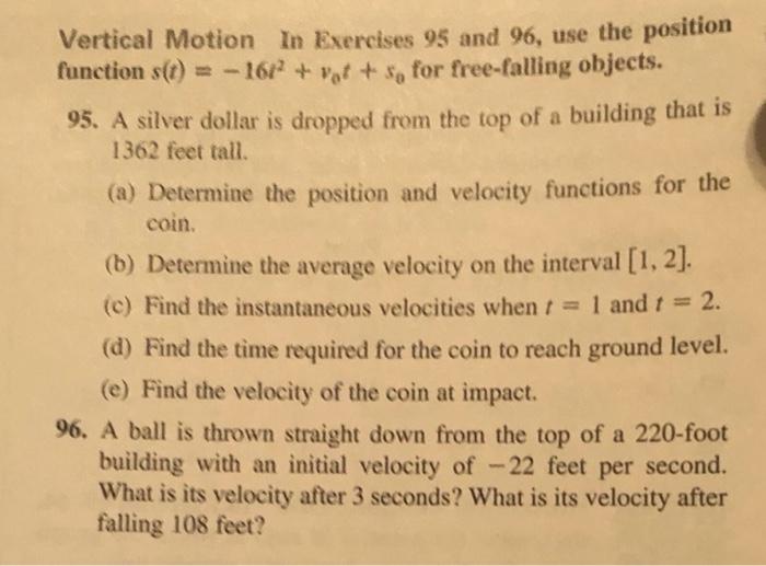 Solved Vertical Motion In Exercises 95 and 96, use the | Chegg.com
