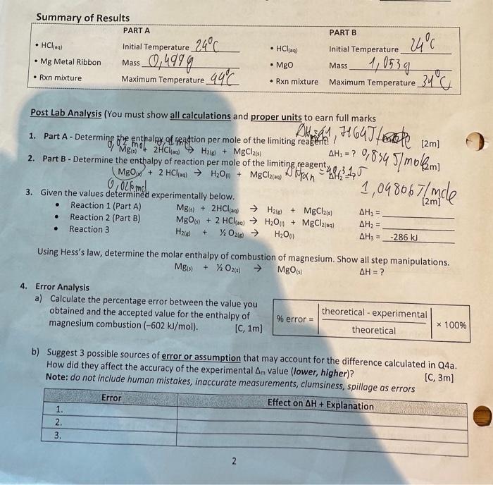 Solved Post Lab Analysis (You must show all calculations and