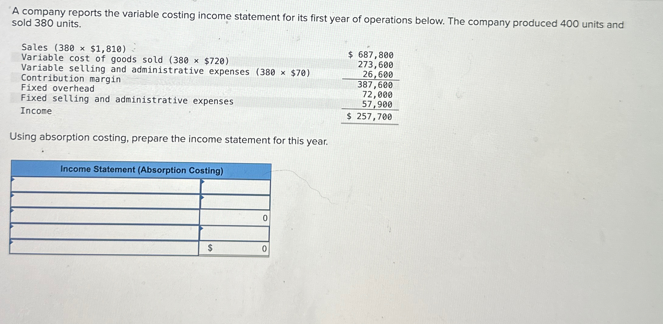 Solved A company reports the variable costing income | Chegg.com