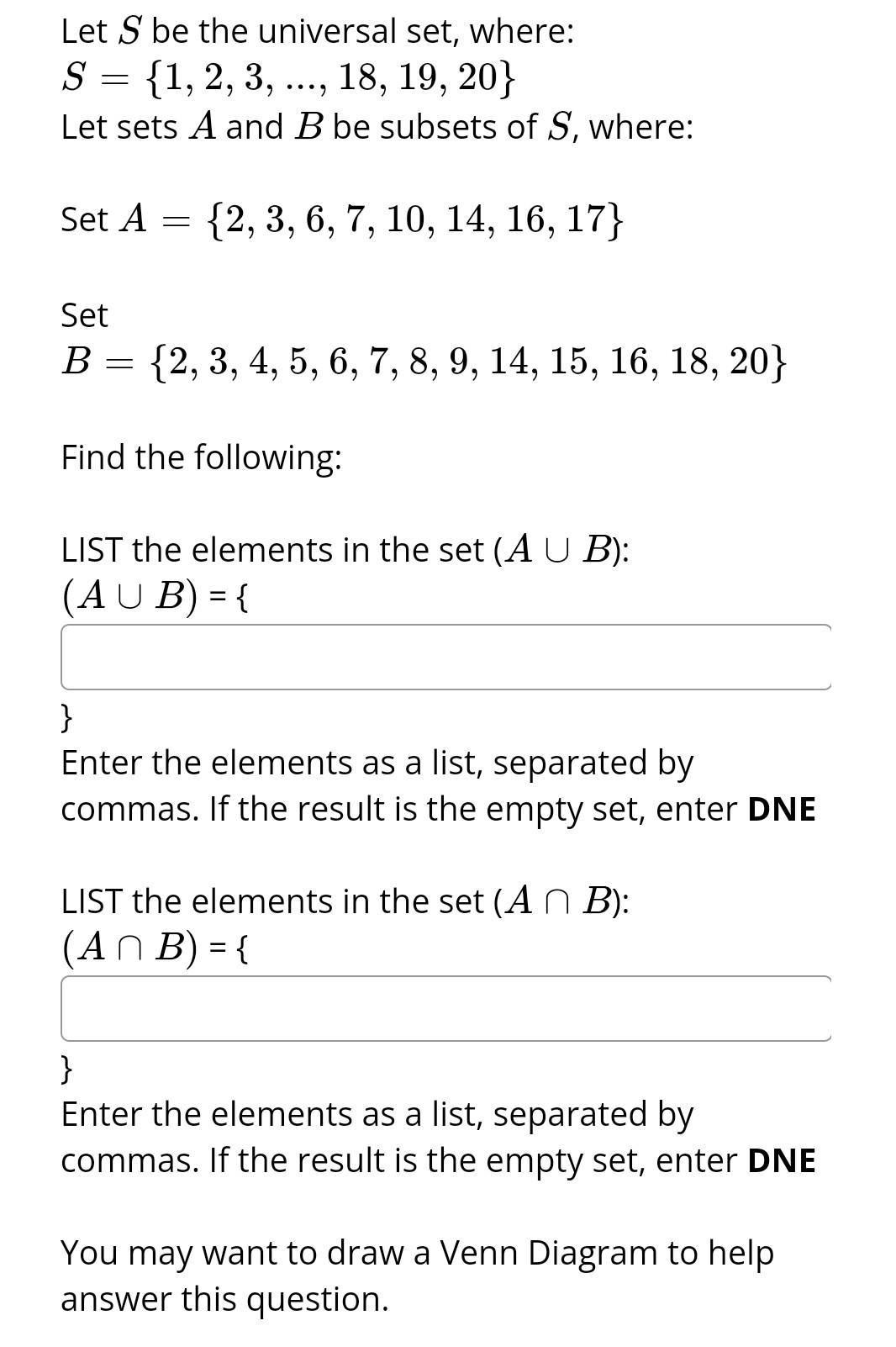 Solved Let S={1,2,3,…,18,19,20} Be The Universal Set. Let | Chegg.com