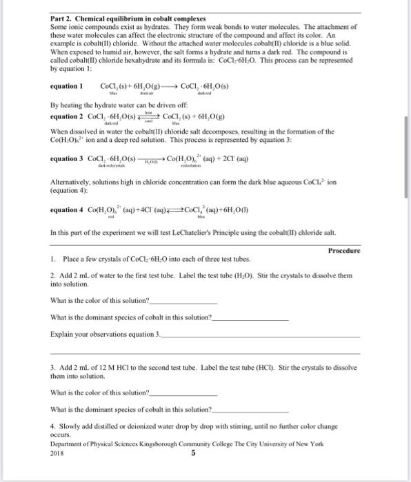 Solved Part 2. Chemical equilibrium in cobalt complexes Some | Chegg.com