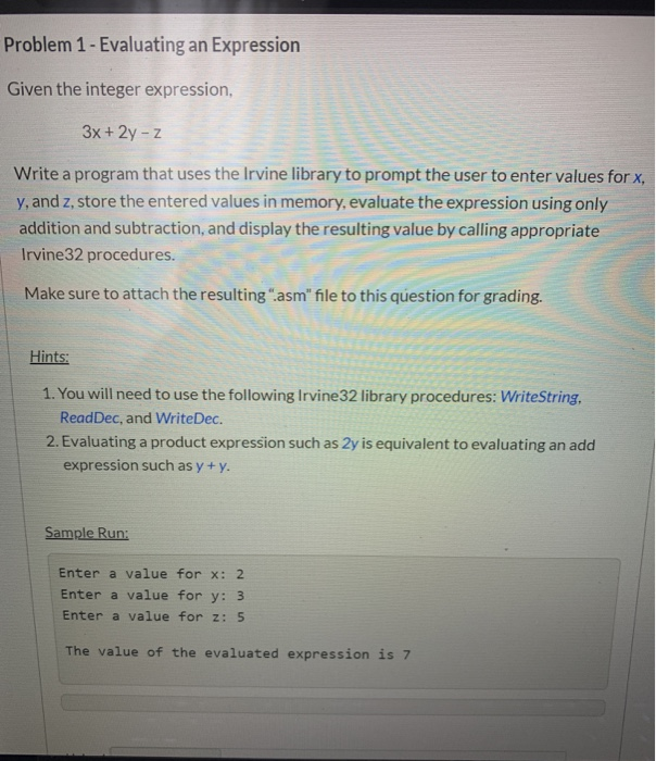 Solved Problem 1 - Evaluating an Expression Given the | Chegg.com