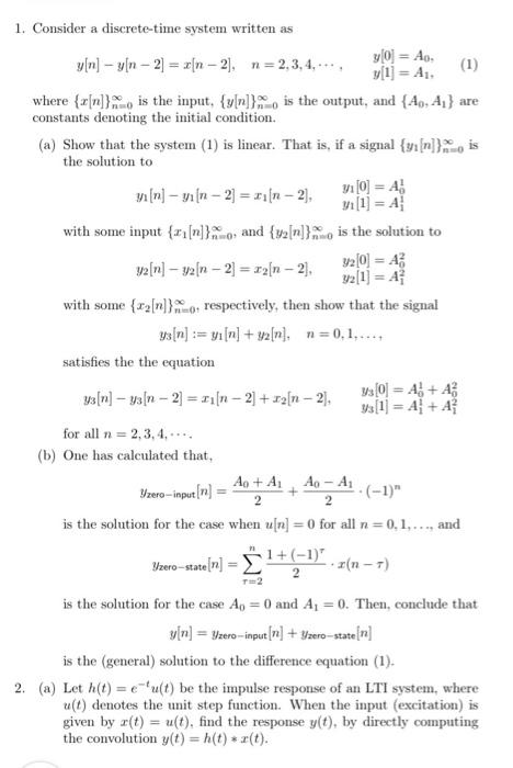 Solved 1. Consider a discrete-time system written as | Chegg.com