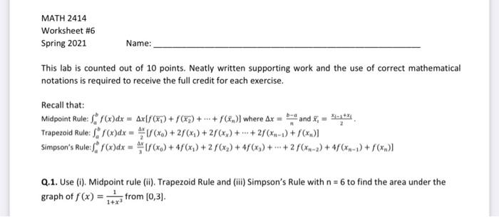 Solved MATH 2414 Worksheet #6 Spring 2021 Name: This lab is | Chegg.com