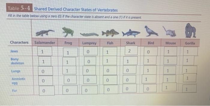 Solved Table 5-4 Shared Derived Character States of | Chegg.com