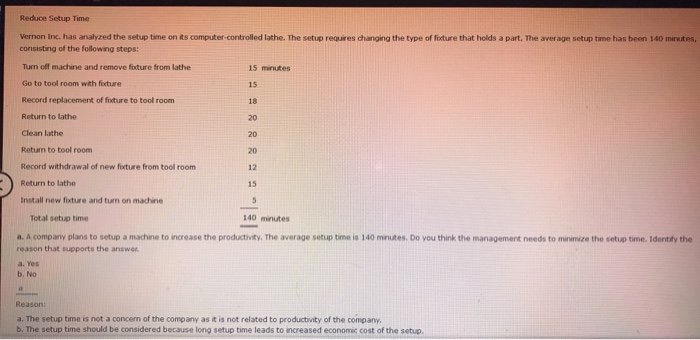 Solved Reduce Setup Time Vernon Inc Has Analyzed The Set