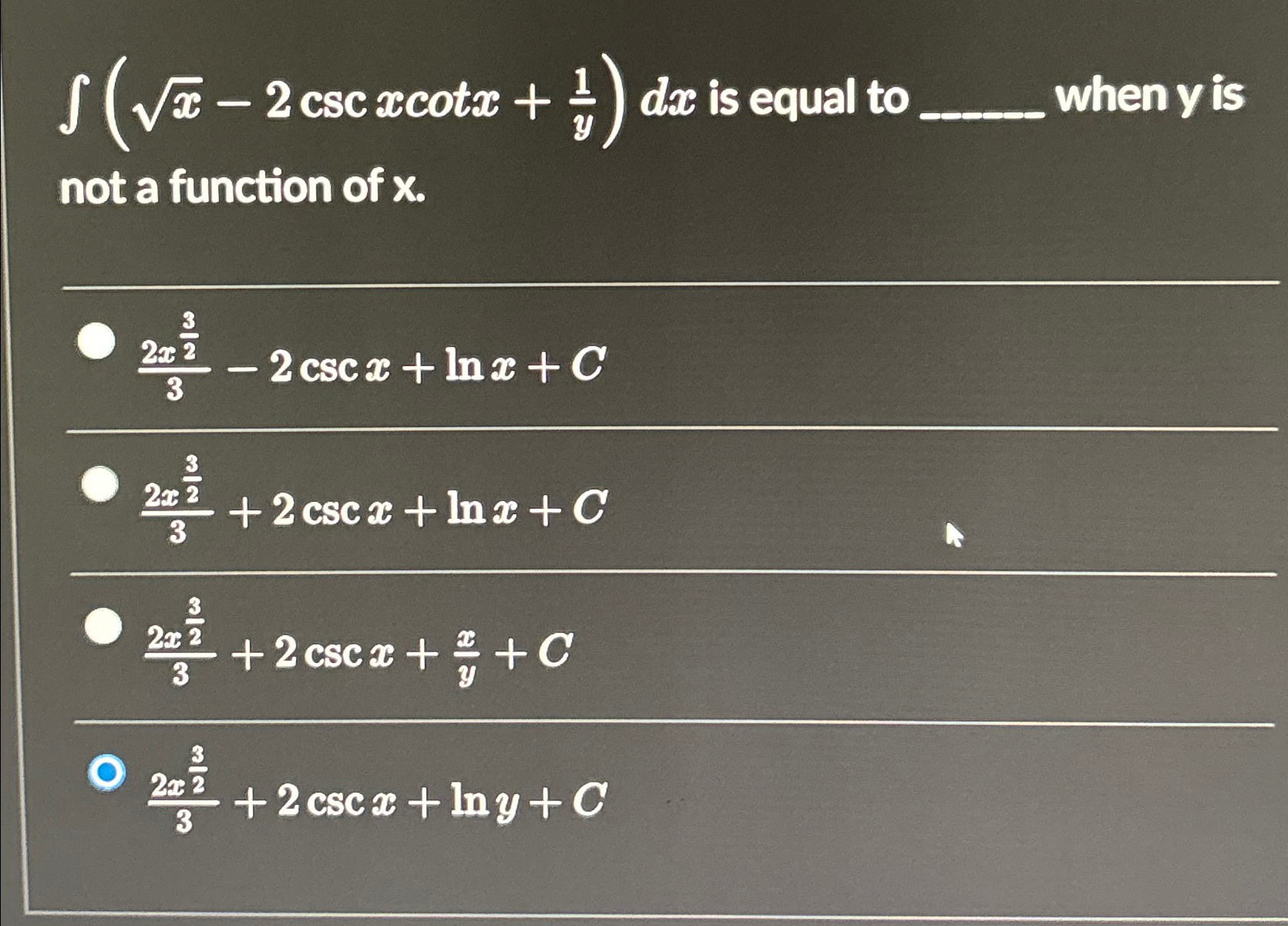 Solved ∫﻿﻿ X2 2cscxcotx 1y Dx ﻿is Equal To Q ﻿when Y ﻿is