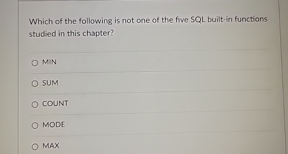 Solved Which of the following is not one of the five SQL | Chegg.com