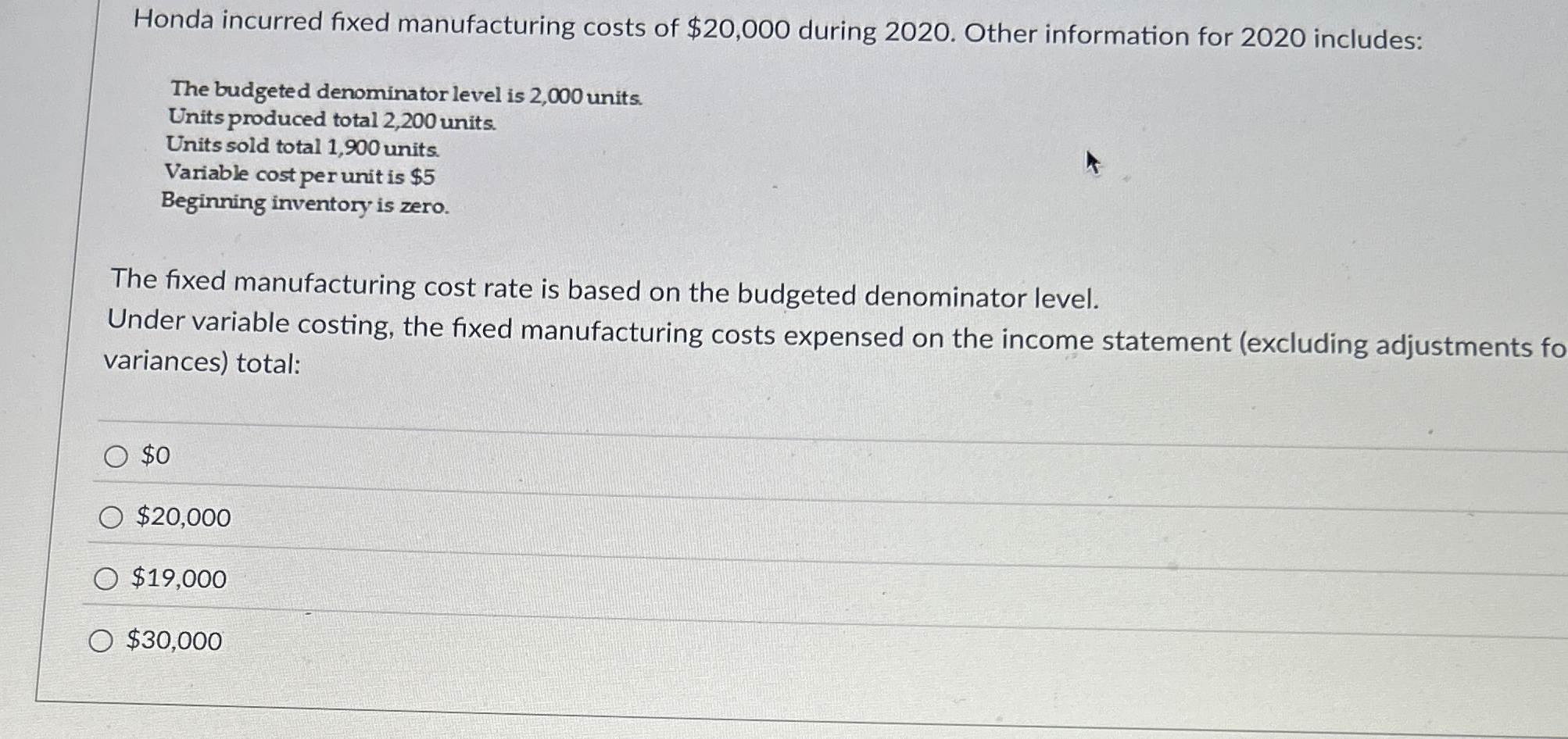 Solved Honda incurred fixed manufacturing costs of 20,000