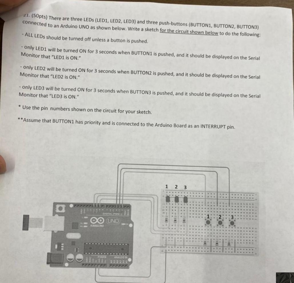 Solved 21. (50pts) There are three LEDs (LED1, LED2, LED3) | Chegg.com