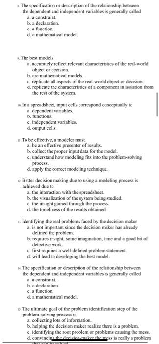 The specification or description of the relationship between the dependent and independent variables is generally called a, a