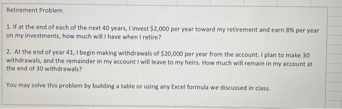 Solved Retirement Problem1. If at the end of each of the | Chegg.com