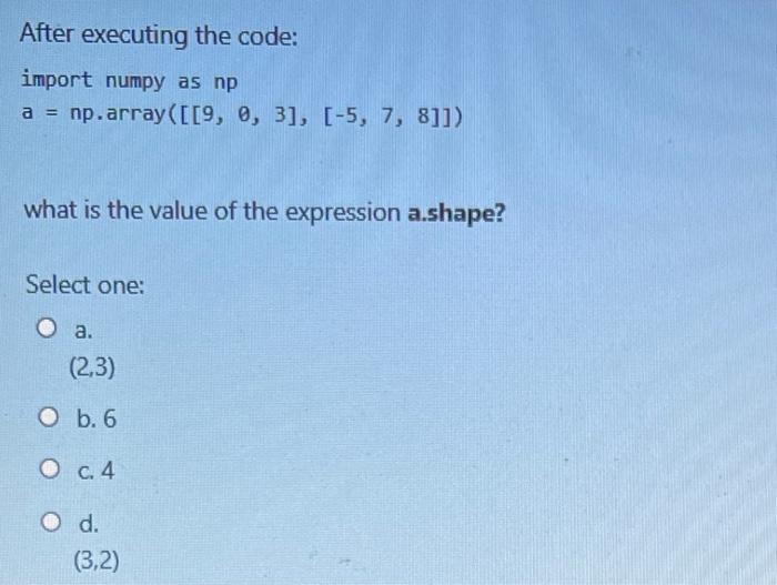 Solved After executing the code: import numpy as np a = | Chegg.com