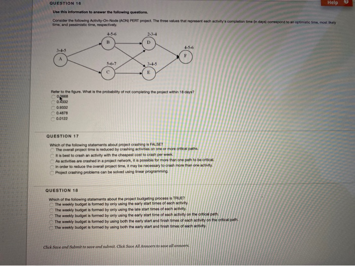Solved QUESTION 16 Help Use this information to answer the | Chegg.com