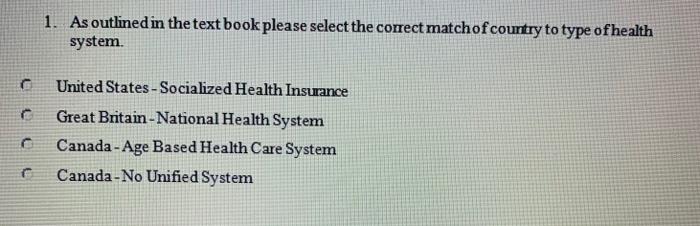 1. As outlined in the text book please select the correct matchof country to type of health system. United States - Socialize