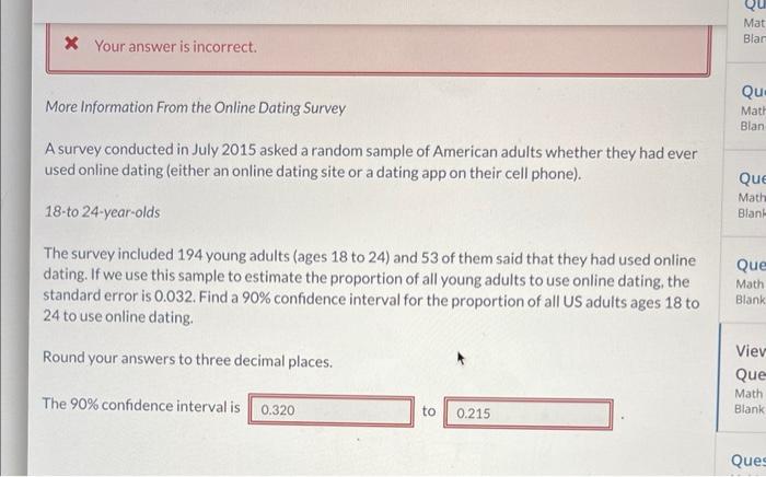 More Information From the Online Dating Survey A | Chegg.com