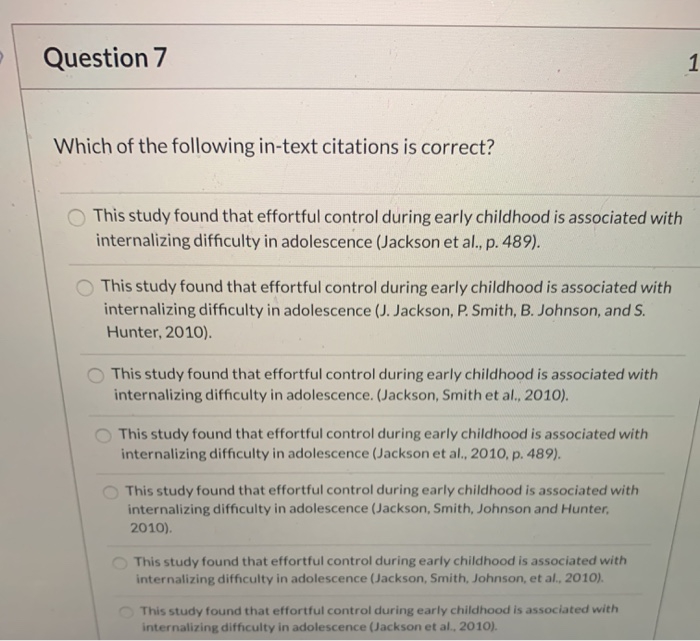 Solved Question 7 1 Which Of The Following In Text Citations Chegg Com