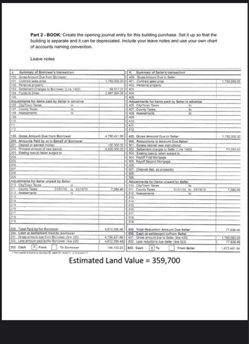 Part 2 - BOOK: Create the opening journal entry for | Chegg.com