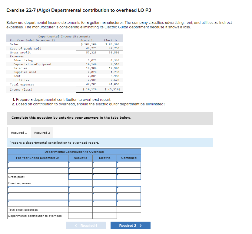 Solved Exercise 22-7 (Algo) ﻿Departmental contribution to | Chegg.com