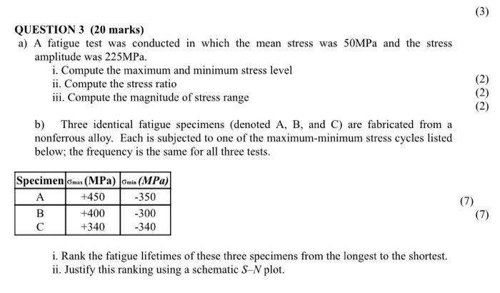 Solved (3) QUESTION 3 (20 marks) a) A fatigue test was | Chegg.com