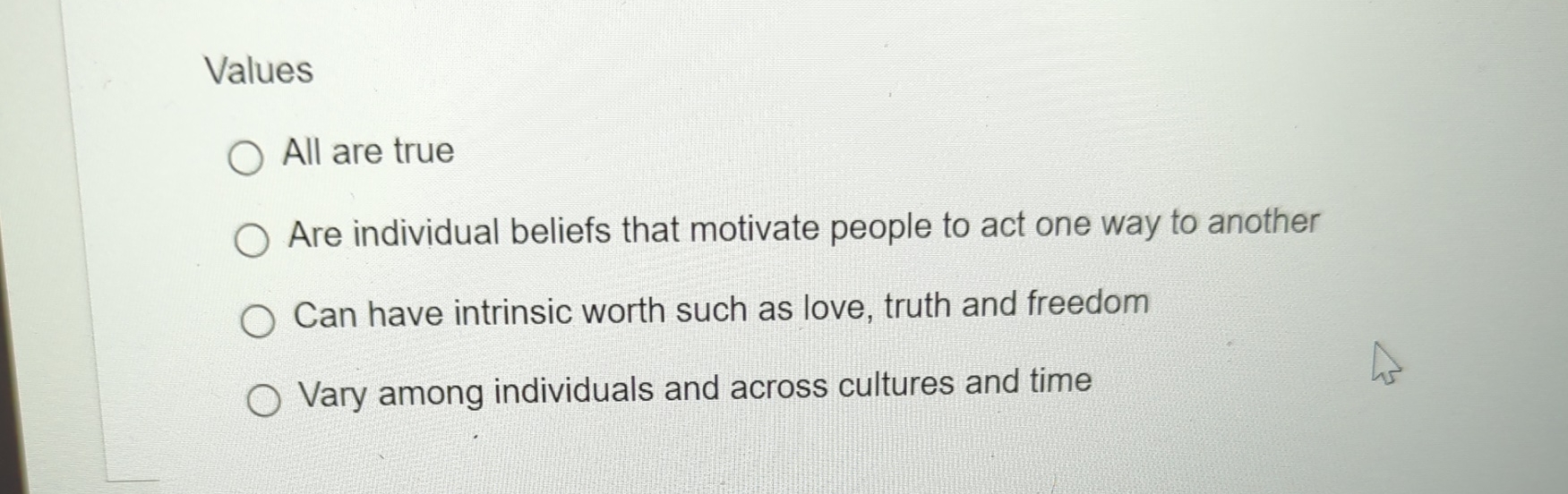 Solved ValuesAll are trueAre individual beliefs that | Chegg.com