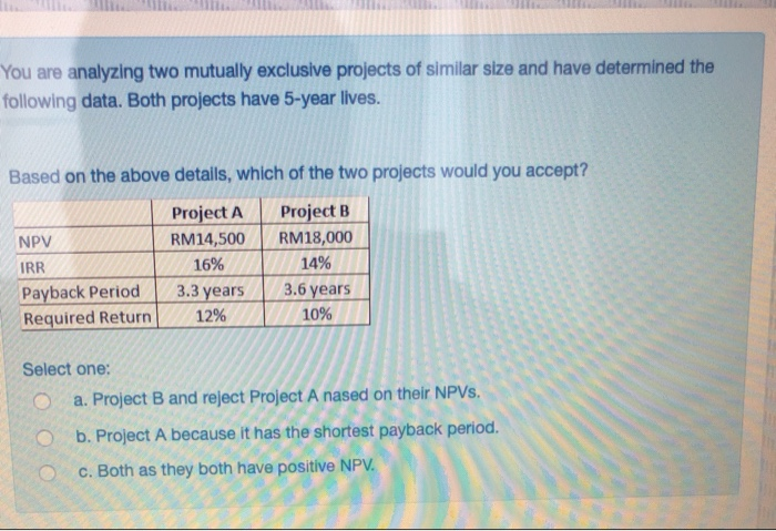 Solved You are analyzing two mutually exclusive projects of | Chegg.com