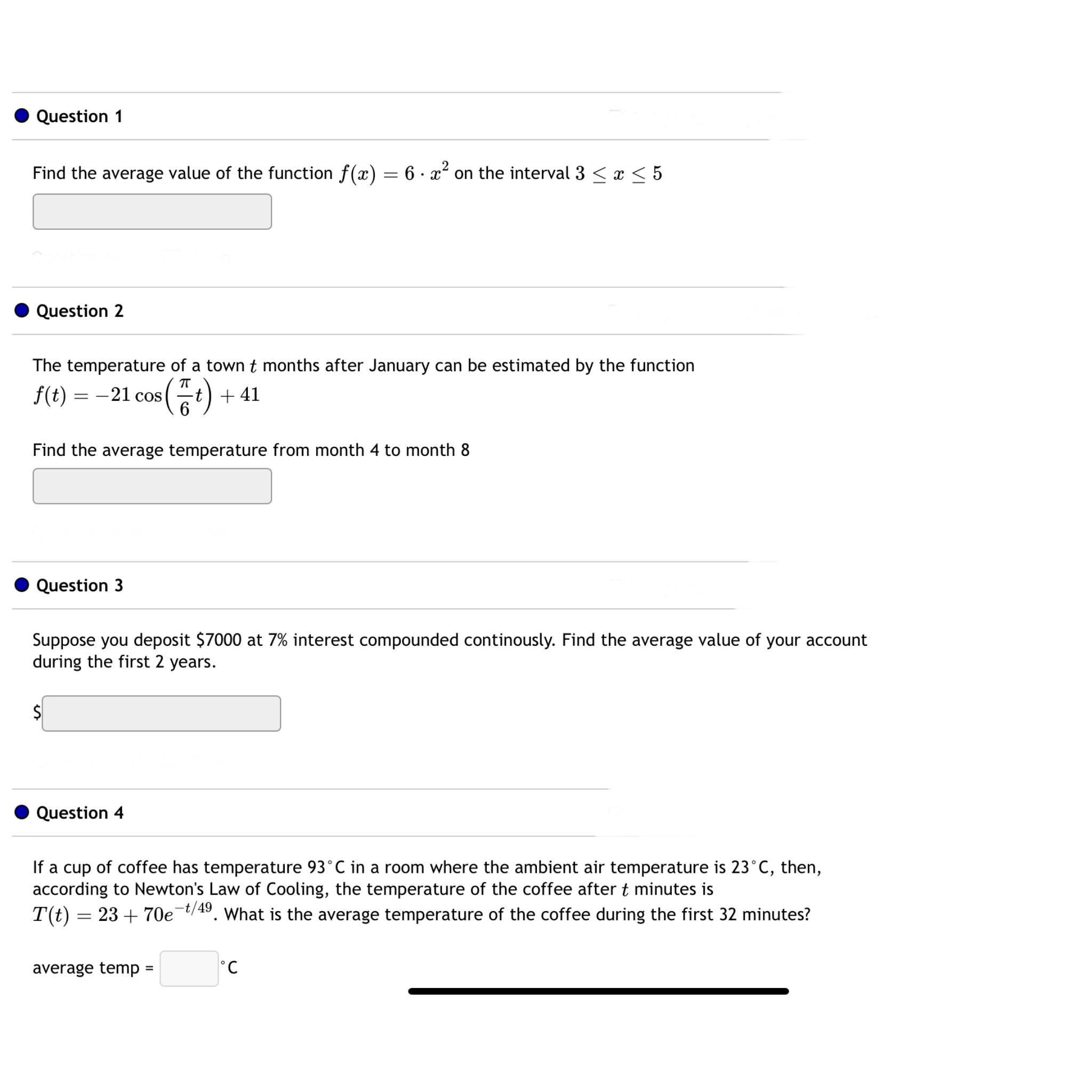 Solved Question 1Find the average value of the function | Chegg.com